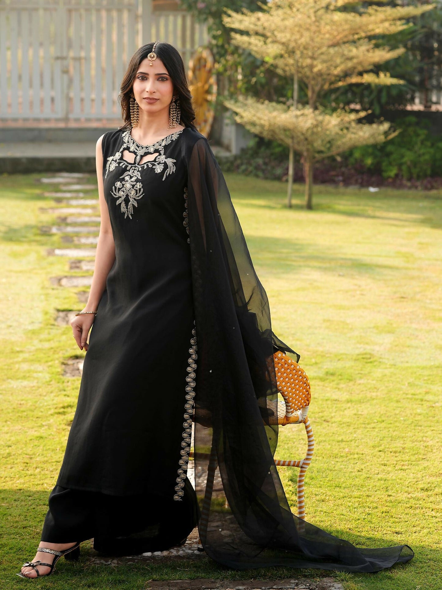 Nikhaar Black Embroidered Art Silk Stitched A Line Kurta Palazzo Dupatta Readymade Suit