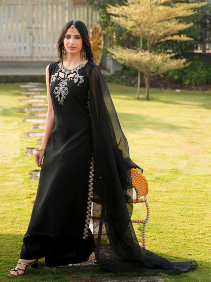 Nikhaar Black Embroidered Art Silk Stitched A Line Kurta Palazzo Dupatta Readymade Suit