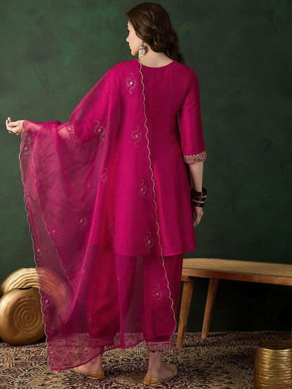The52 Women's Beautiful Embroidery Work Vichitra Fabric A-line Kurta Pant and Dupatta Set-Pink
