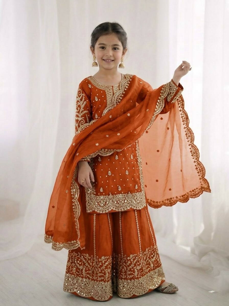 Teeya Creation New Trendy Fully Stitched Ready to Wear Kids Kurta Palazzo Set-Orange