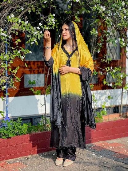 Teeya Creation Women's Trendy Stylish French Crepe Silk Yellow Kurta Set