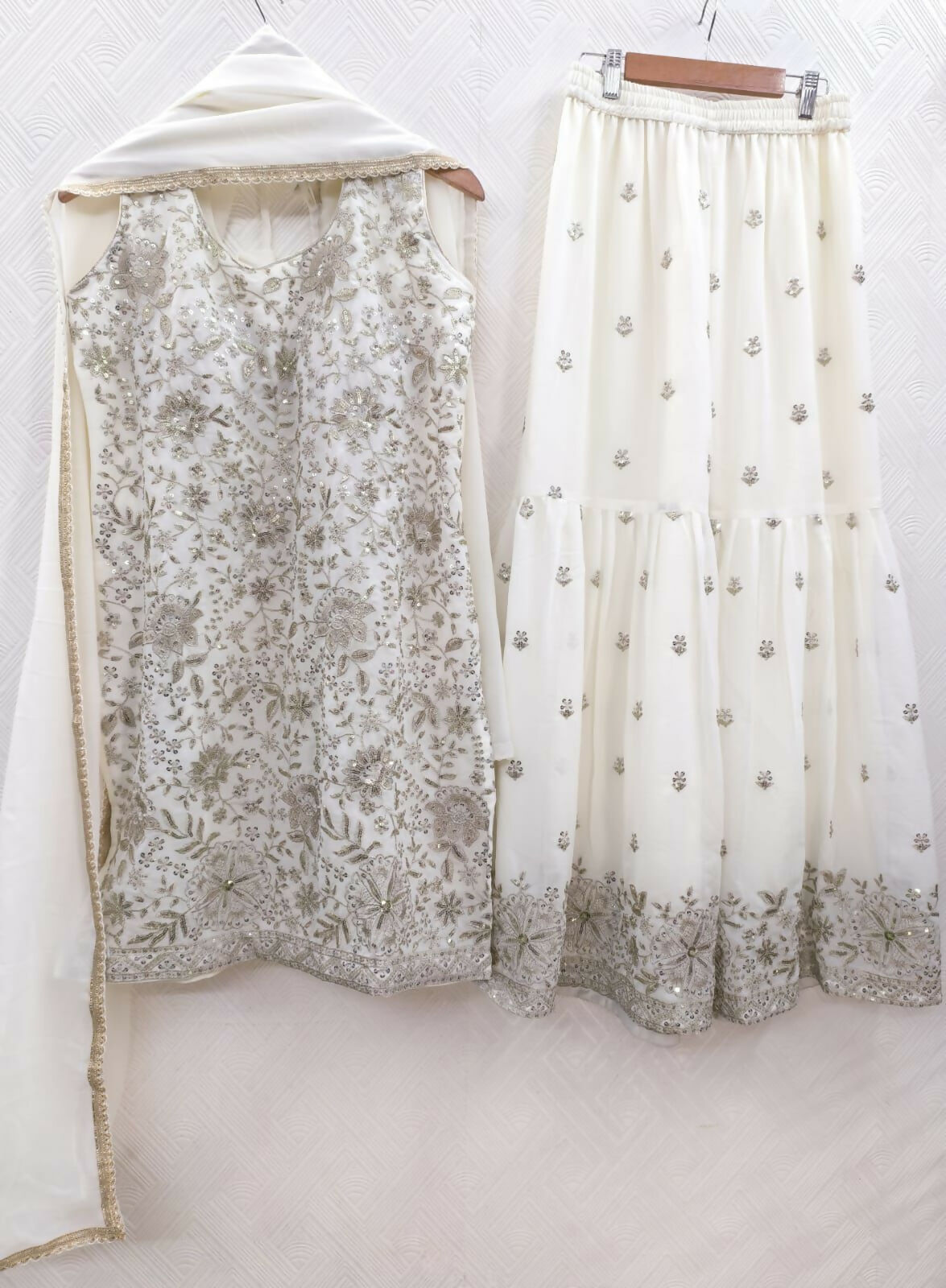 Teeya Creation Women's Georgette White Embroidered Sharara Set With Sequence Work And Lace Border Dupatta
