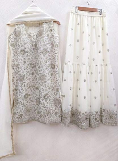 Teeya Creation Women's Georgette White Embroidered Sharara Set With Sequence Work And Lace Border Dupatta