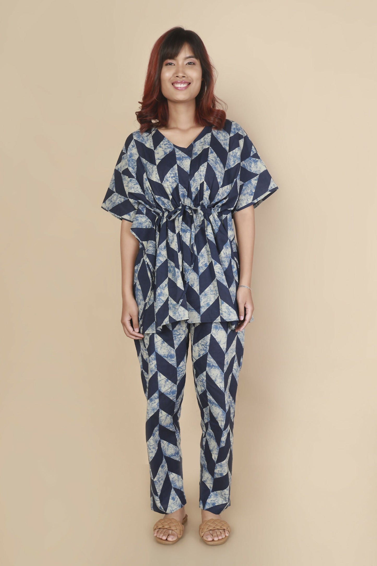 Breathables WomenS Loungewear Kaftan Cotton Blue Geometric Print Co-Ord Set