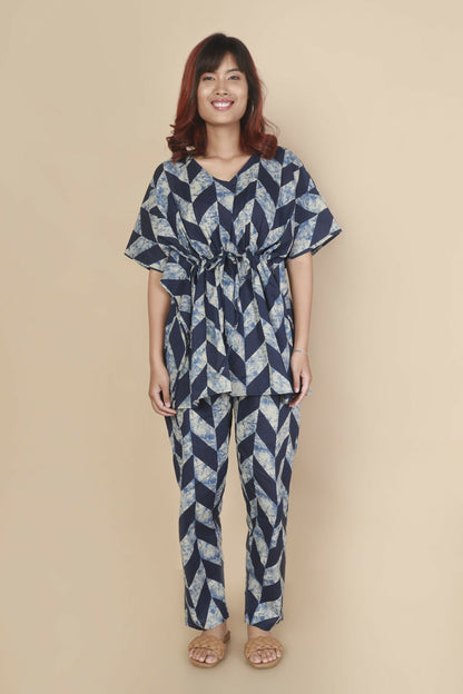 Breathables WomenS Loungewear Kaftan Cotton Blue Geometric Print Co-Ord Set