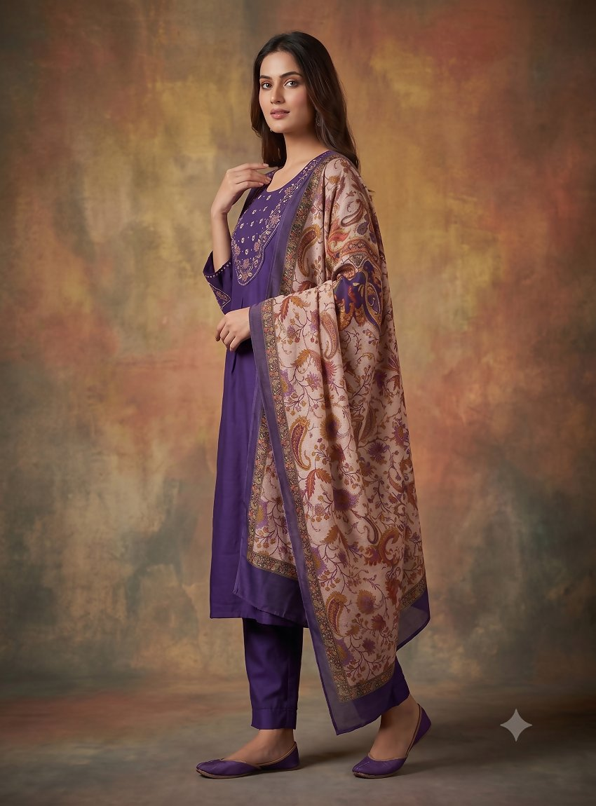 Teeya Creation Women Purple Embroidered Straight Kurta Set With Dupatta