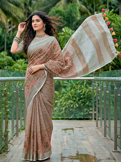 Shree Shyam Fashion Brown Linen Saree