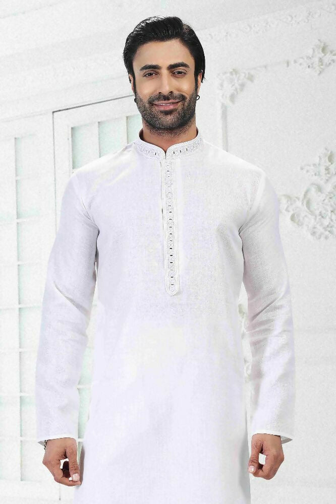 Raivat Ethnic Linen Cotton Thread Work Kurta Pajama In Off White Colour