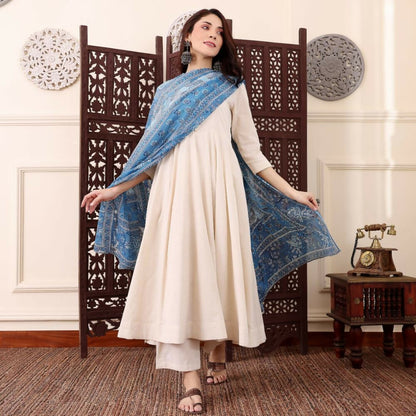 The52 Women's Beautiful Solid Chanderi Silk Fabric Flared Anarkali Pant and Dupatta Set-Off White