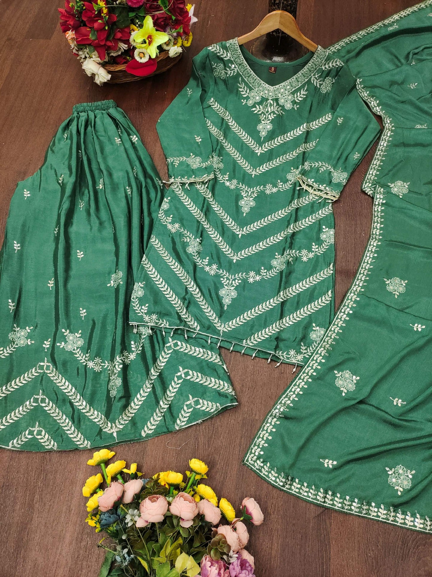 The52 Women's Gorgeous Embroidery Work Chinon Fabric Straight Kurta Sharara and Dupatta Set-Green