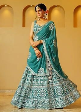 Lehenga Mart Dusty Green Faux Georgette Designer Bollywood Style Wedding Wear Lehenga Choli