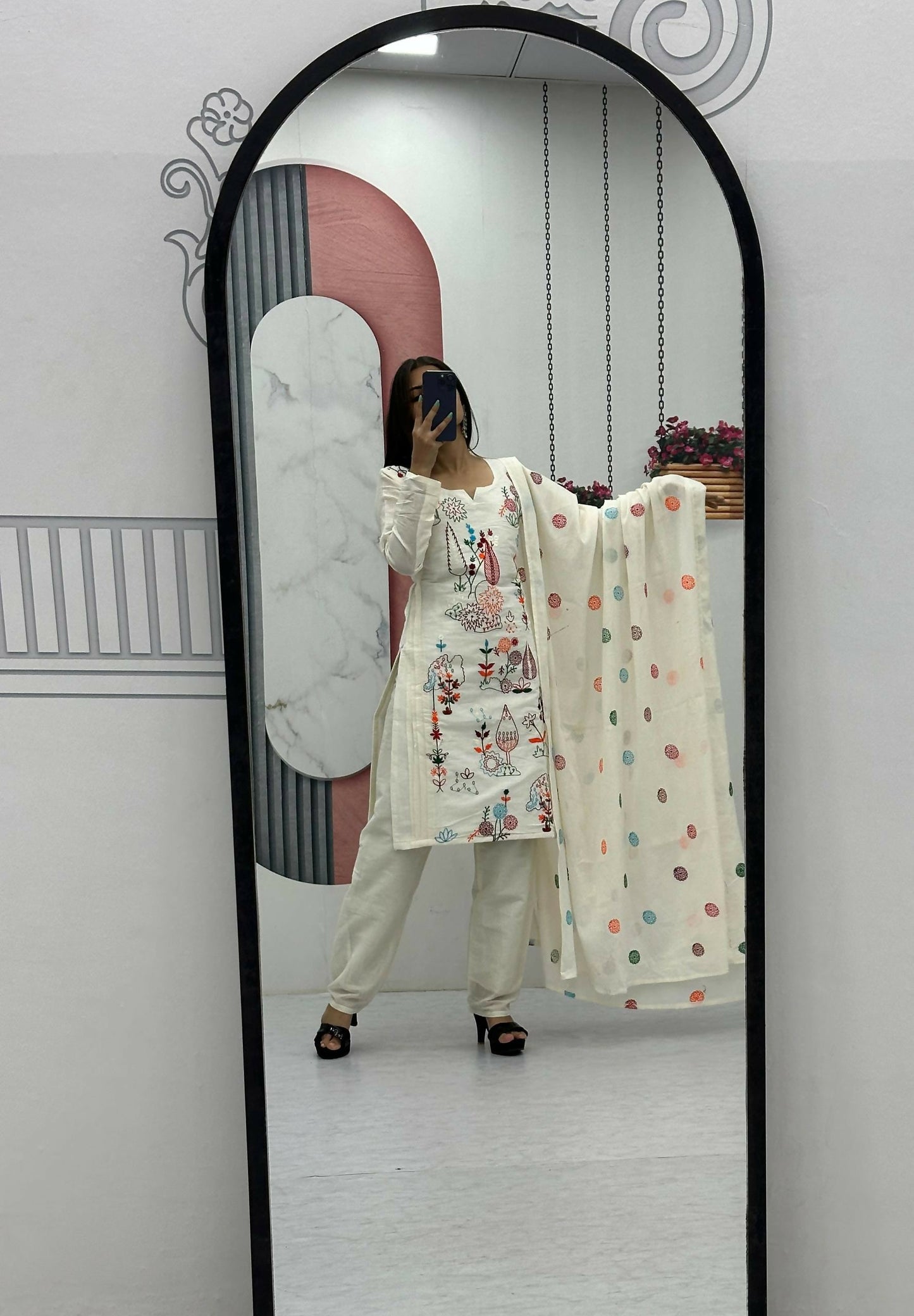 Teeya Creation Womens New Khadi Cotton Heavy Embroidery Thread Work Cream Kurta Set