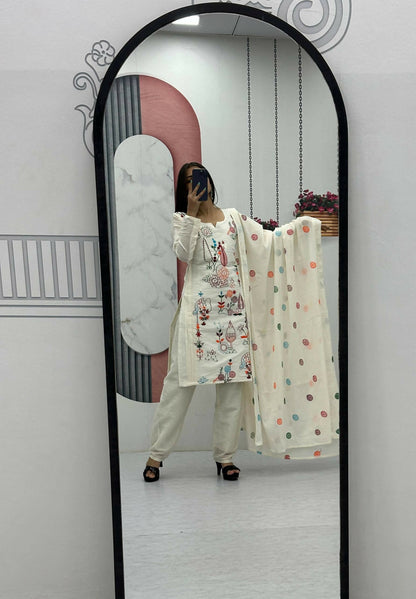 Teeya Creation Womens New Khadi Cotton Heavy Embroidery Thread Work Cream Kurta Set