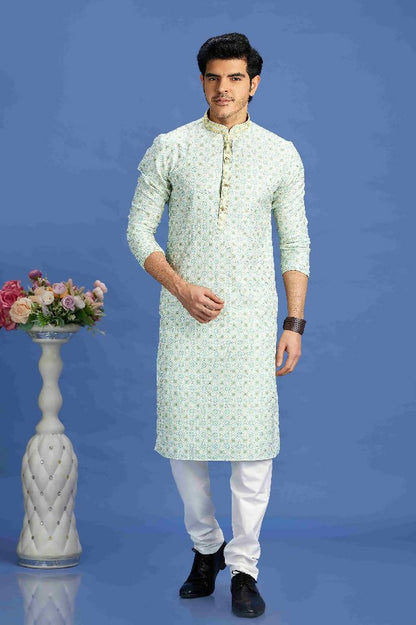 Raivat Ethnic Cotton Embroidery Kurta Pajama In Sea Green Colour