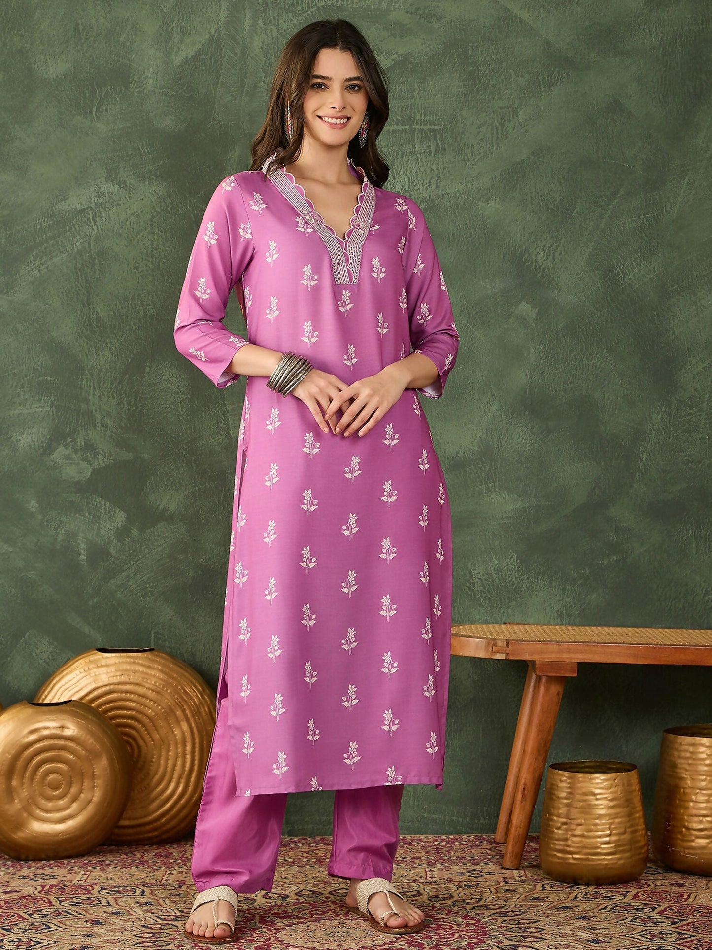 The52 Women's Gorgeous Rayon Fabric Printed Work Straight Kurta Pant and Dupatta Set-Onion