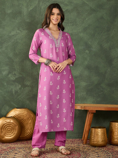 The52 Women's Gorgeous Rayon Fabric Printed Work Straight Kurta Pant and Dupatta Set-Onion