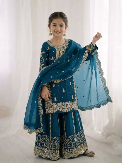 Teeya Creation New Trendy Fully Stitched Ready to Wear Kids Kurta Palazzo Set-Turquoise