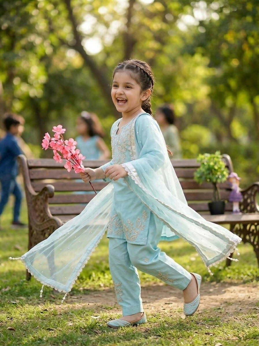 Teeya Creation Womens New Fancy Sky Blue Embroidered Kurta with Salwar & Dupatta Set Palazzo Set