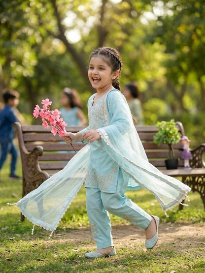 Teeya Creation Womens New Fancy Sky Blue Embroidered Kurta with Salwar & Dupatta Set Palazzo Set