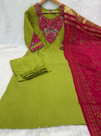 Teeya Creation Women Lime Green Embroidered Straight Kurta With Rani Pink Dupatta And Pant Set