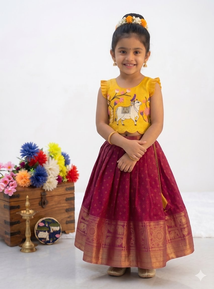 Teeya Creation New Trendy Designer Kids Girls Yellow & Red Silk Pichwai Cow Motif Lehenga Choli Set-Yellow