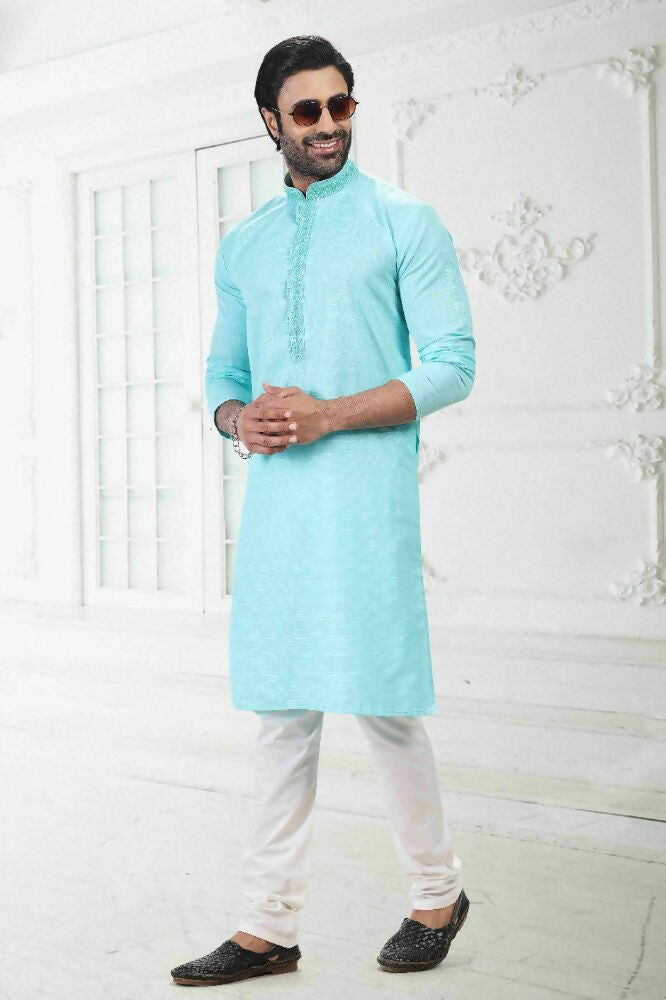 Raivat Ethnic Linen Cotton Thread Work Kurta Pajama In Sky Blue Colour