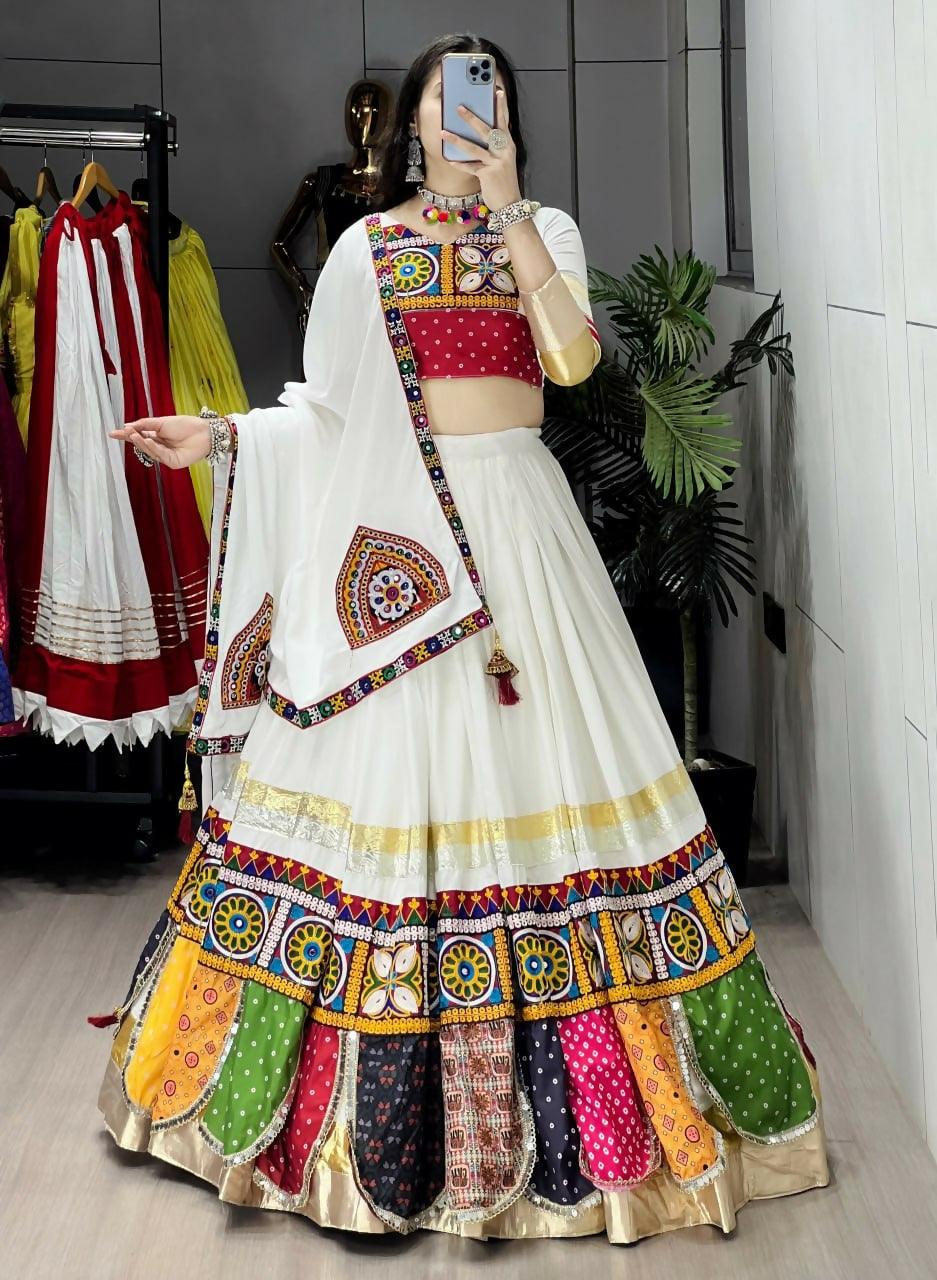 Yash Enterprise Off White Rayon Cotton Embroidery Semi Stitched Navratri Top Chaniya Choli
