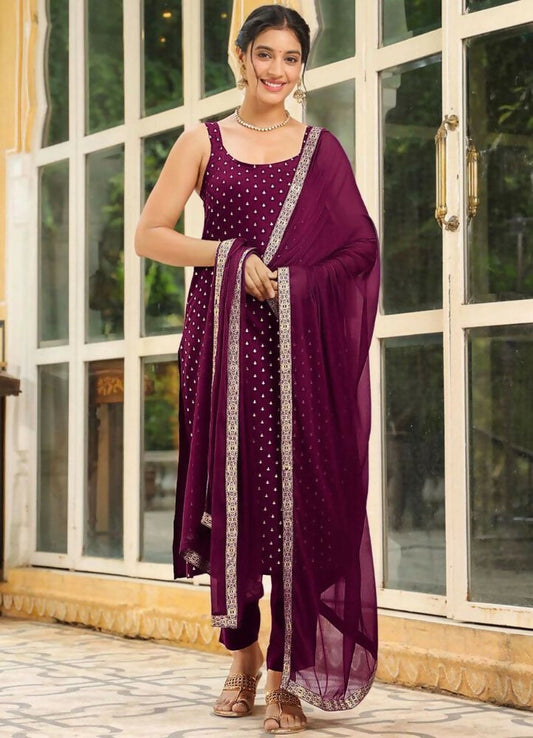Teeya Creation Womens New Elegant Wine Embroidered Kurti with Matching Bottom Set