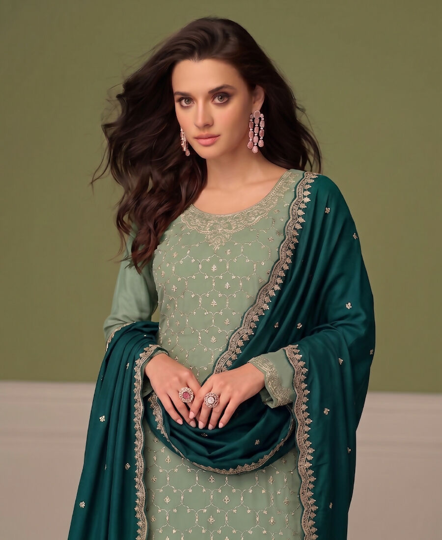 KC Heavy Chinon Pista Green Salwar Suit For Women Ethnic Wear
