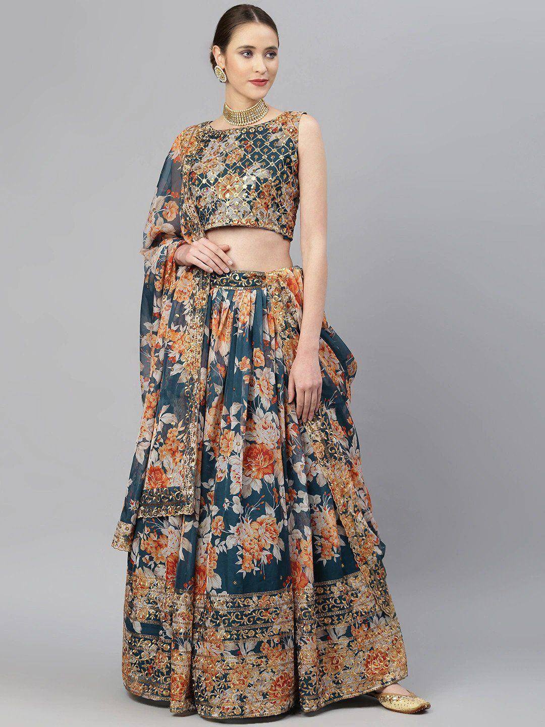 Tulsi Art Blue & Peach-Coloured Embellished Sequinned Semi-Stitched Myntra Lehenga & Unstitched Blouse