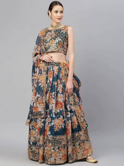 Tulsi Art Blue & Peach-Coloured Embellished Sequinned Semi-Stitched Myntra Lehenga & Unstitched Blouse