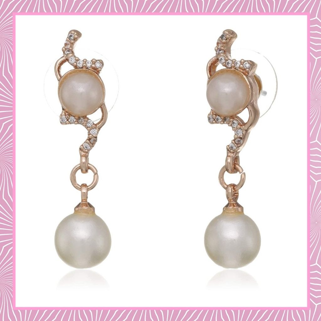 Estele gold Plated American Diamond Pearl flower Drop Earrings