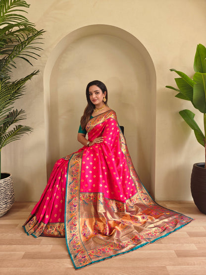 Mameraa Sarees Paithani Silk Blend Weaving Saree With Contrast Blouse-Pink