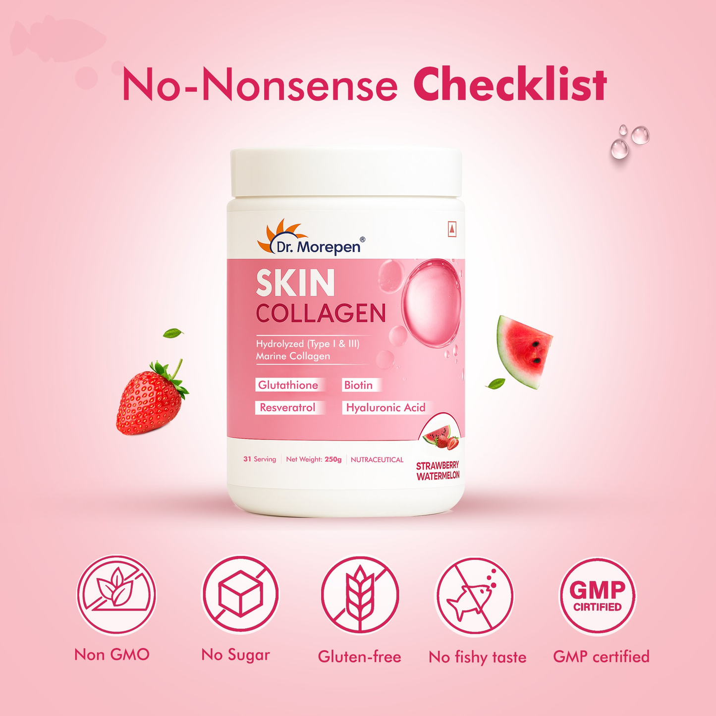 DR. Morepen Skin Collagen Powder with Glutathione, Hyaluronic Acid, Resveratrol & Biotin Strawberry Watermelon Flavour