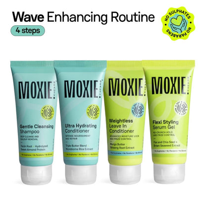 Moxie Beauty Wavy Travel Routine - Shampoo, Conditioner, Leave-In Conditioner & Styling Serum Gel