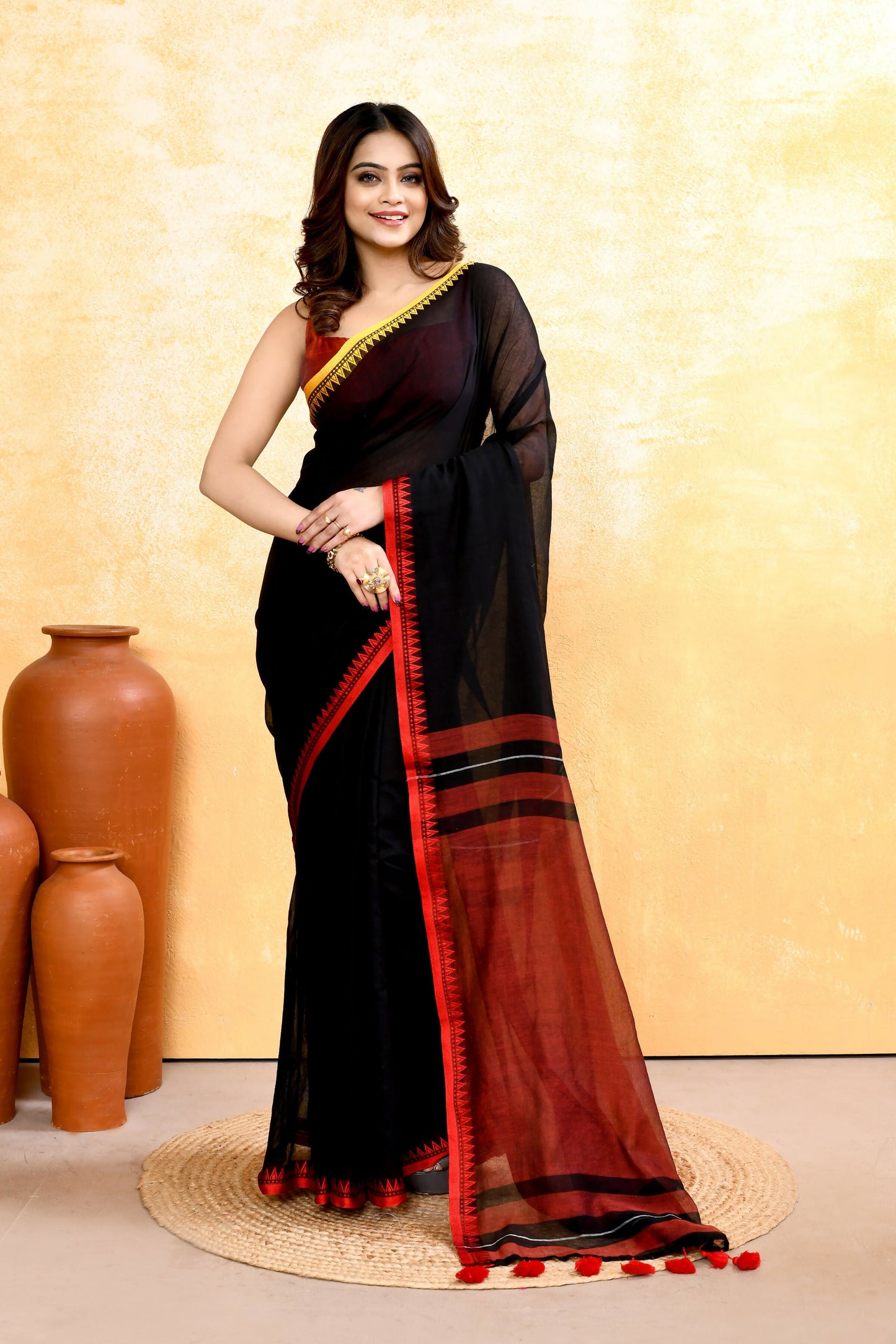 Piyari Fashion Women's Black Embellished Handloom Cotton Saree