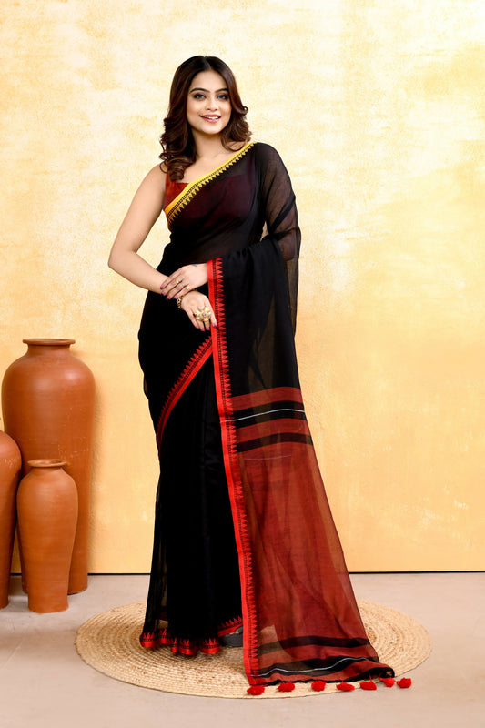Piyari Fashion Women's Black Embellished Handloom Cotton Saree