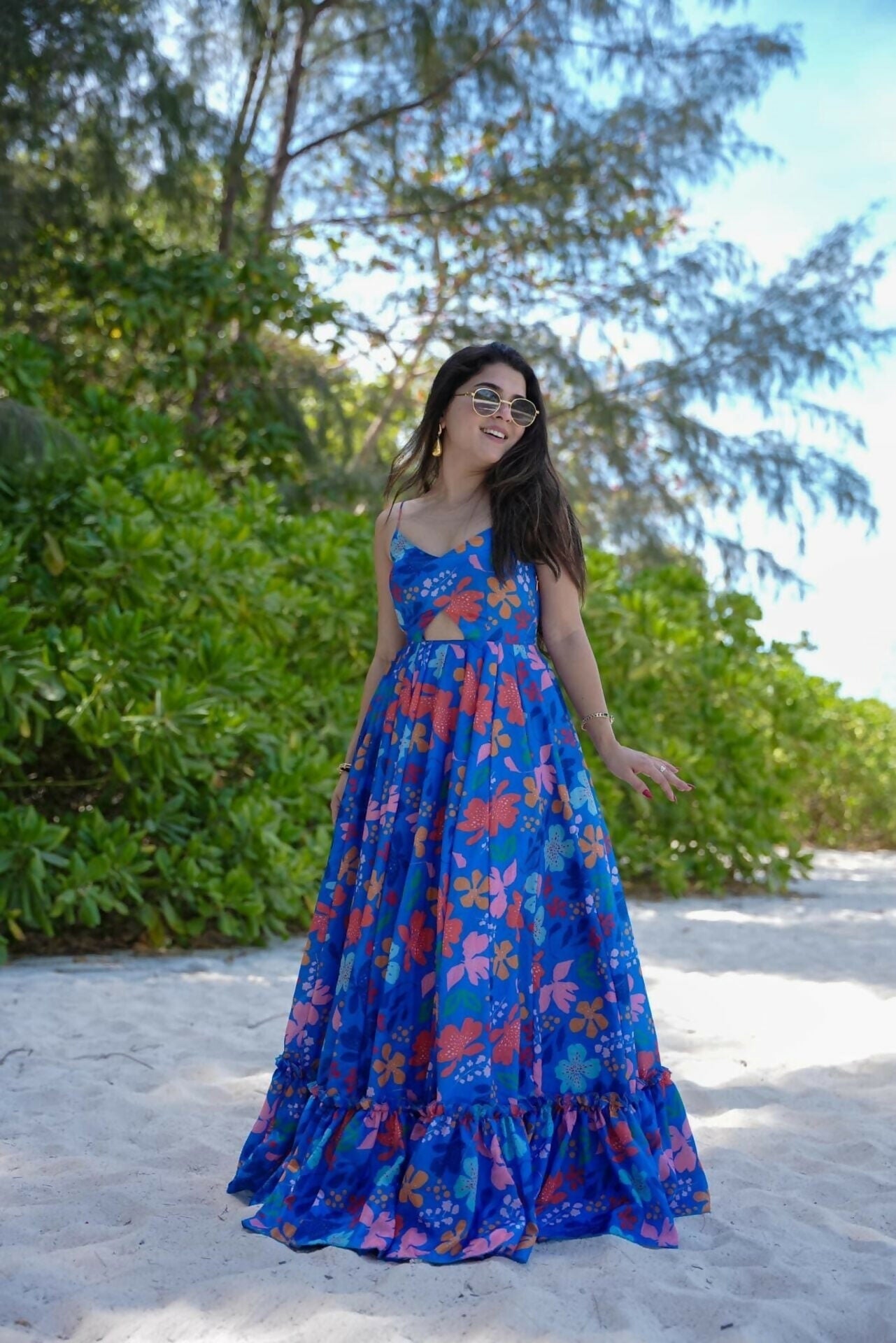 The52 Women's Gorgeous Flared Partywear Designer Poly Rayon Gown-Blue