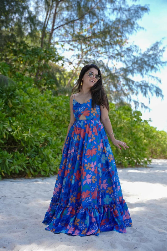 The52 Women's Gorgeous Flared Partywear Designer Poly Rayon Gown-Blue