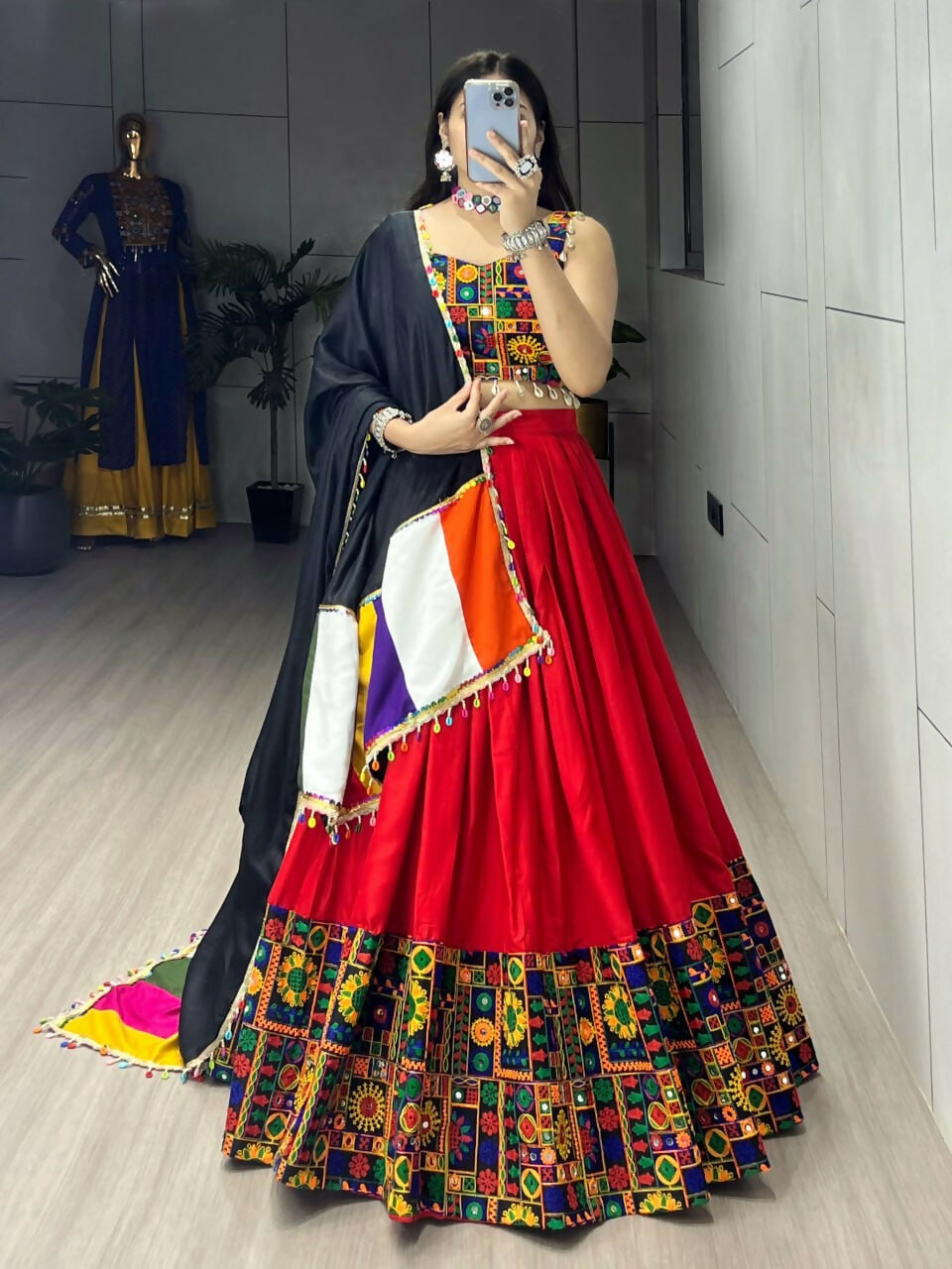 Yash Enterprise Red Rayon Cotton Embroidery Semi Stitched Navratri Chaniya Choli