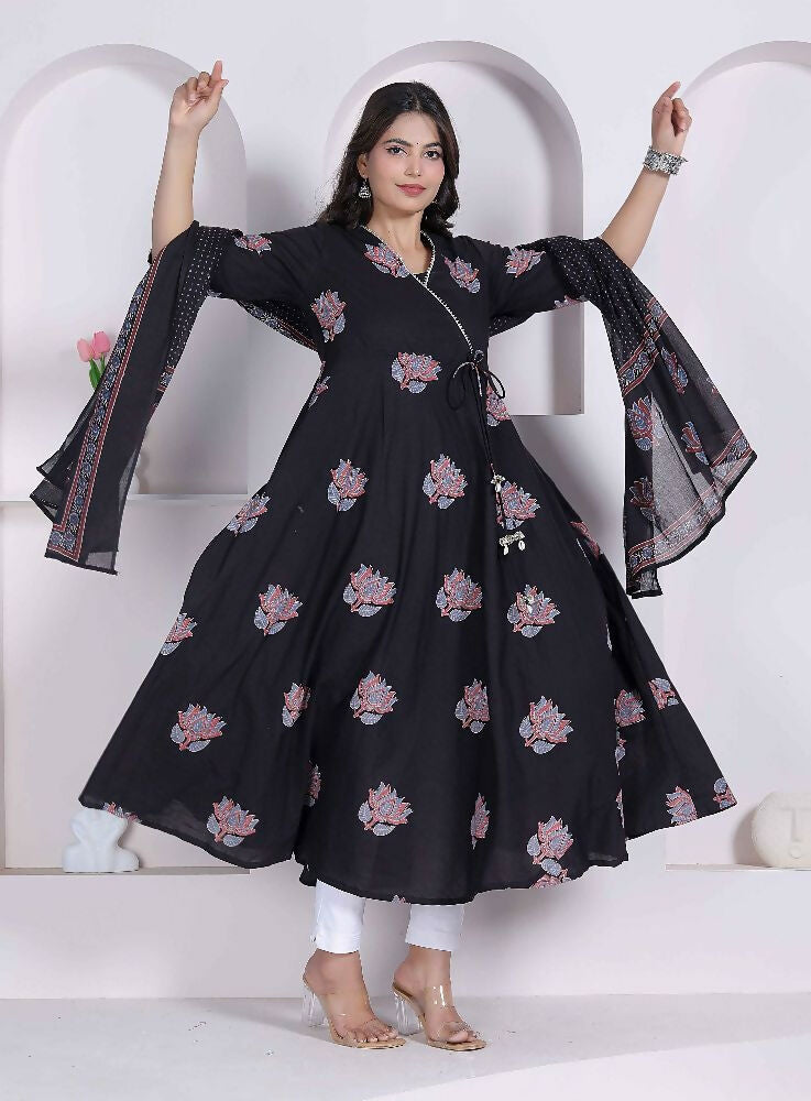 Miravan Black Printed Cotton Anarkali Kurta & Dupatta For Women