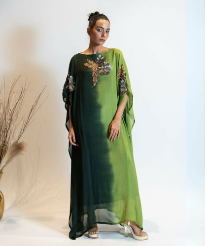 Timaraa Forest Green Ombre Embellished Georgette Kaftan Dress