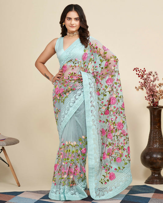 Teeya Creation Womens Latest Stylish Party Wear Soft Net Saree-Blue