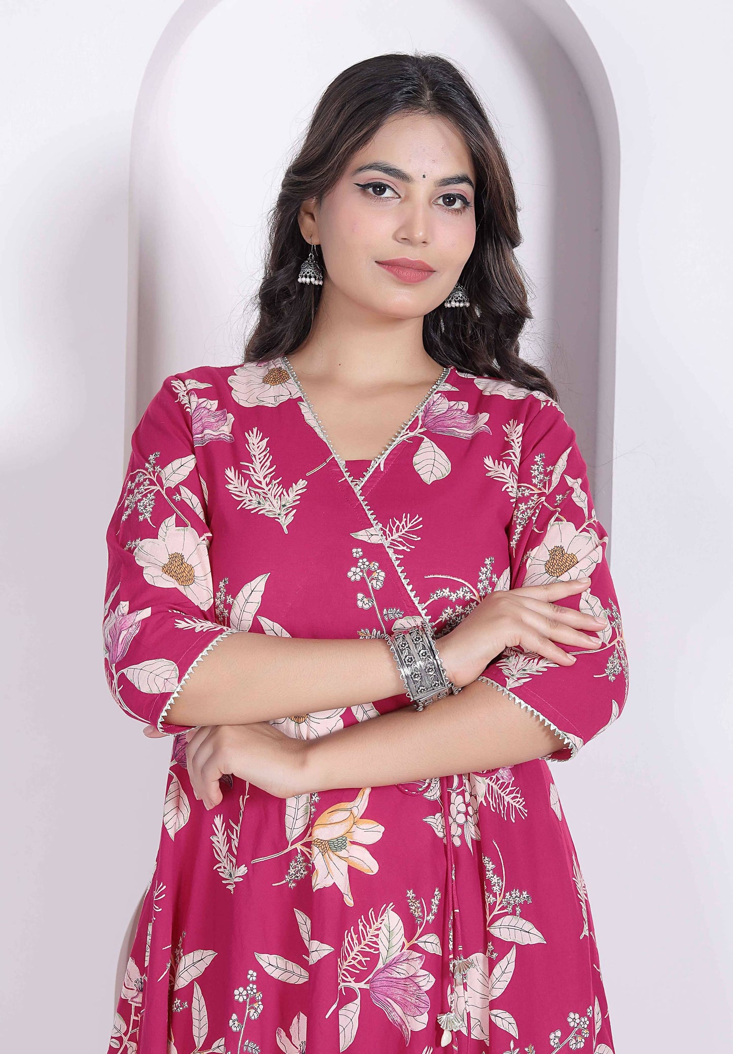 Miravan Womens Pink Floral Printed Angrakha Kurta