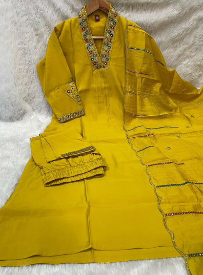 Teeya Creation Mustard Yellow Embroidered Silk Kurta Pant Set With Dupatta