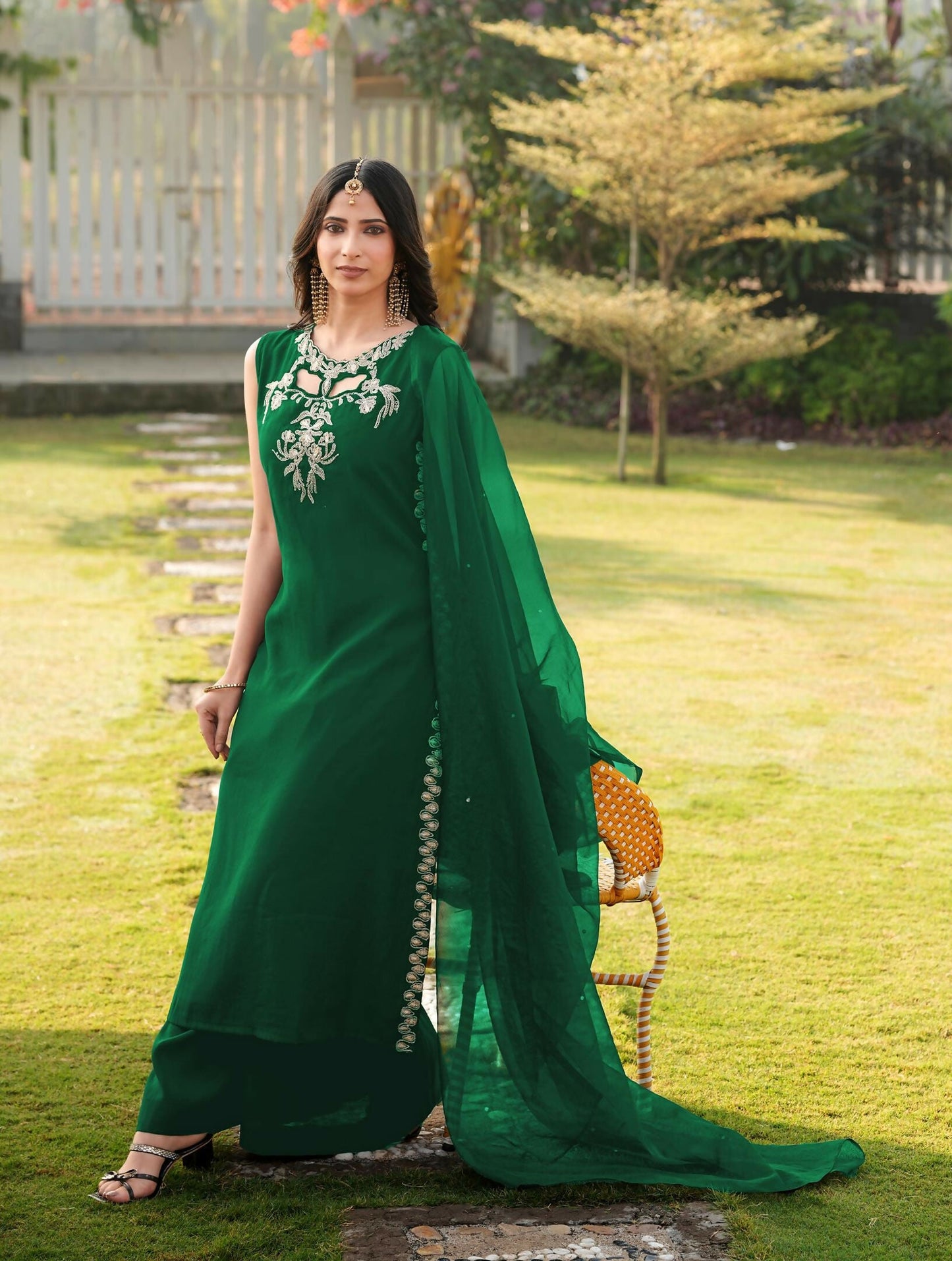 Nikhaar Green Embroidered Art Silk Stitched A Line Kurta Palazzo Dupatta Readymade Suit