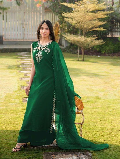 Nikhaar Green Embroidered Art Silk Stitched A Line Kurta Palazzo Dupatta Readymade Suit