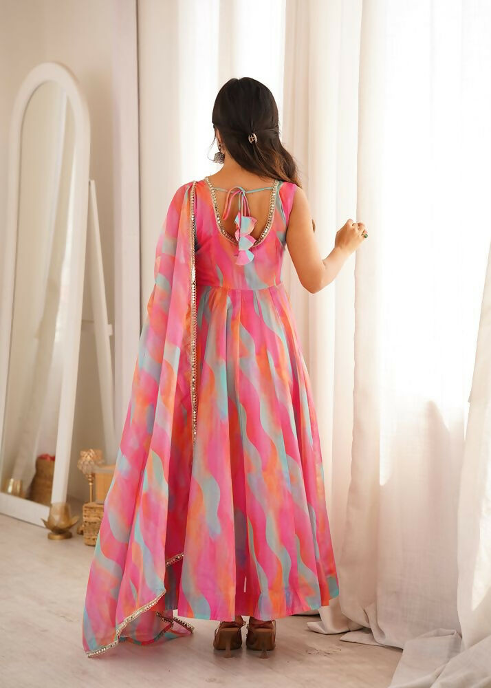 Teeya Creation New Womens Vibrant Multi-Colored Abstract Print Sleeveless Anarkali Suit with Dupatta