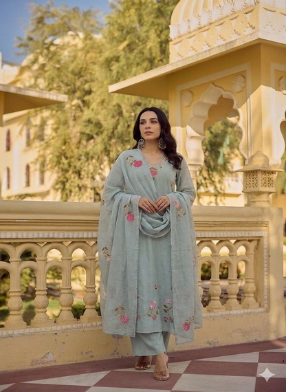 Teeya Creation Elegant Pastel Grey-Green Embroidered Straight Suit Set With Dupatta For Festivals Weddings