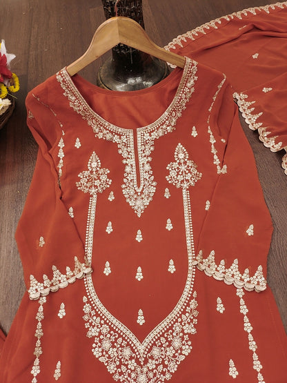 The52 Women's Gorgeous Embroidery Work Fox Georgette Fabric Straight Kurta Sharara and Dupatta Set-Orange